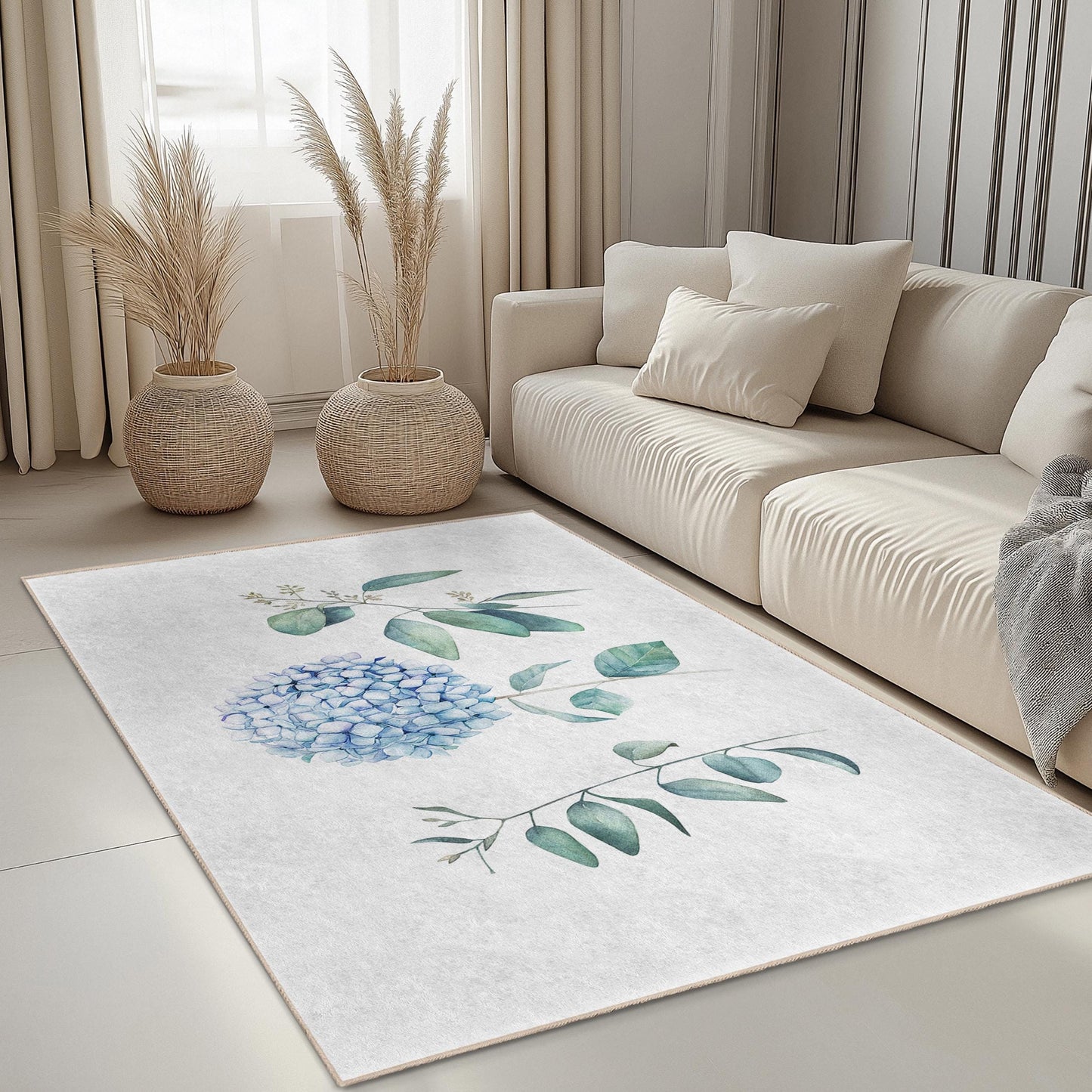 Elegant Blue Floral Rectangular Area Rug, Botanical Design Living Room Carpet, Soft Indoor Mat for Home Decor