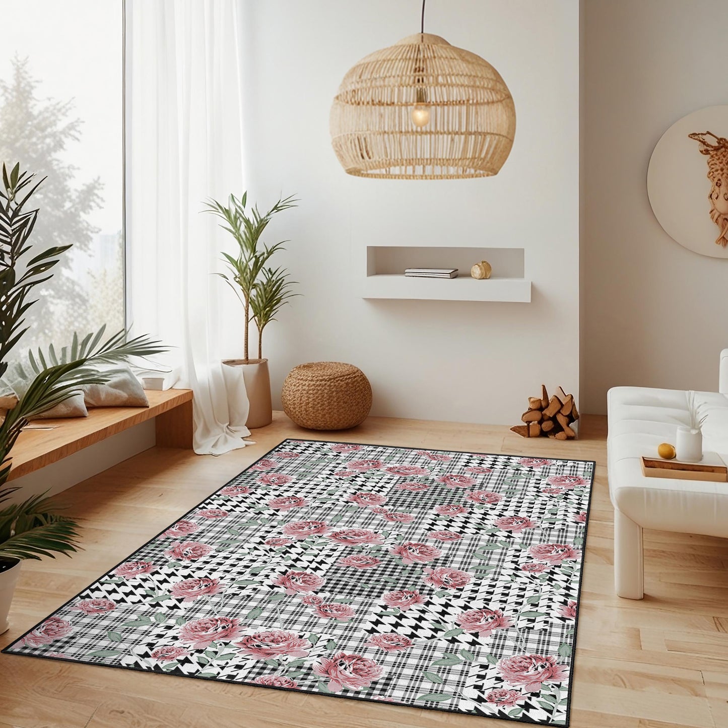 Chic Floral Patchwork Area Rug, Rectangle Living Room Carpet, Modern Home Decor, Soft Floral Design, Black and White Checkered Rug