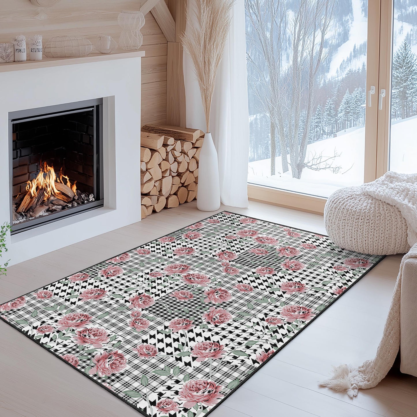 Chic Floral Patchwork Area Rug, Rectangle Living Room Carpet, Modern Home Decor, Soft Floral Design, Black and White Checkered Rug