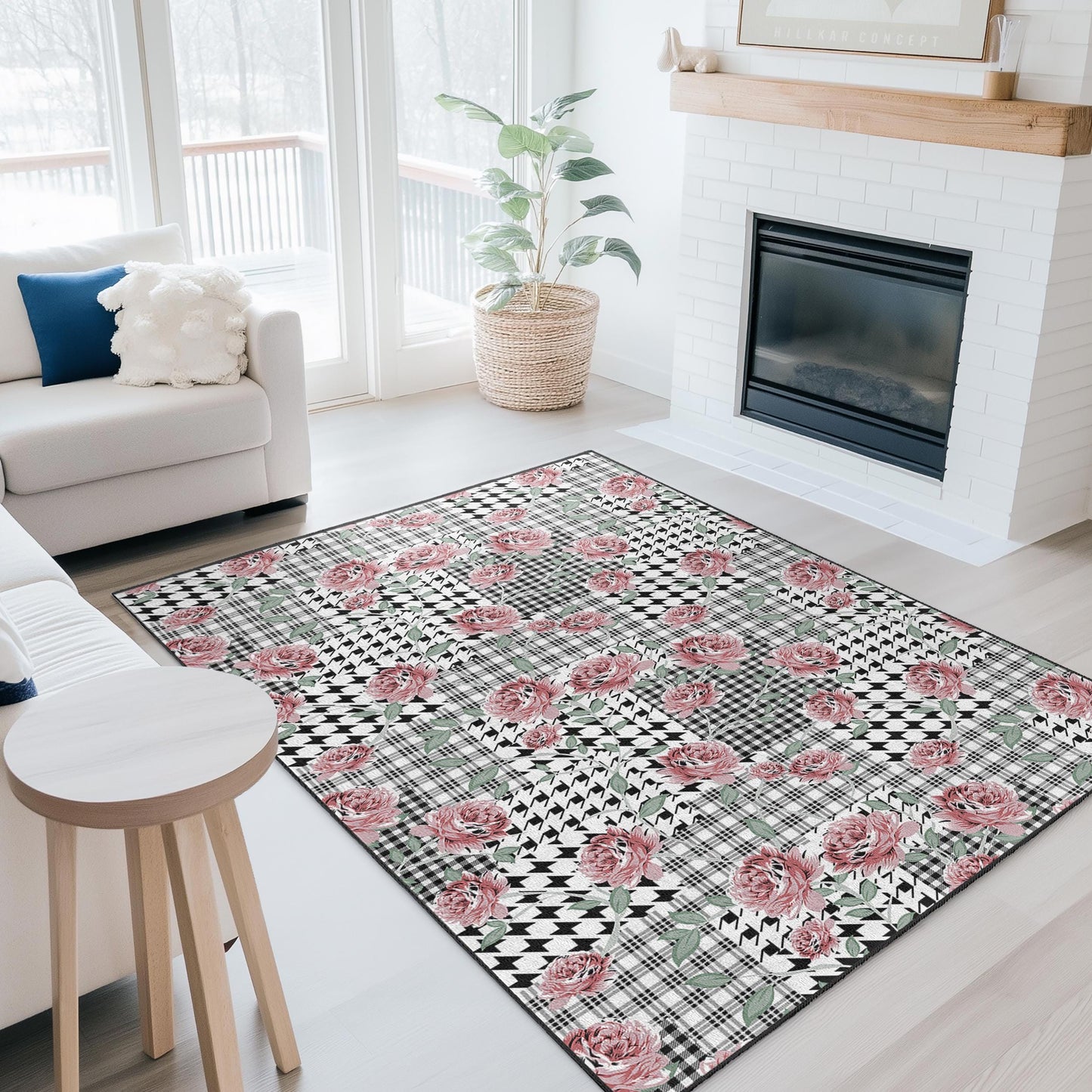 Chic Floral Patchwork Area Rug, Rectangle Living Room Carpet, Modern Home Decor, Soft Floral Design, Black and White Checkered Rug