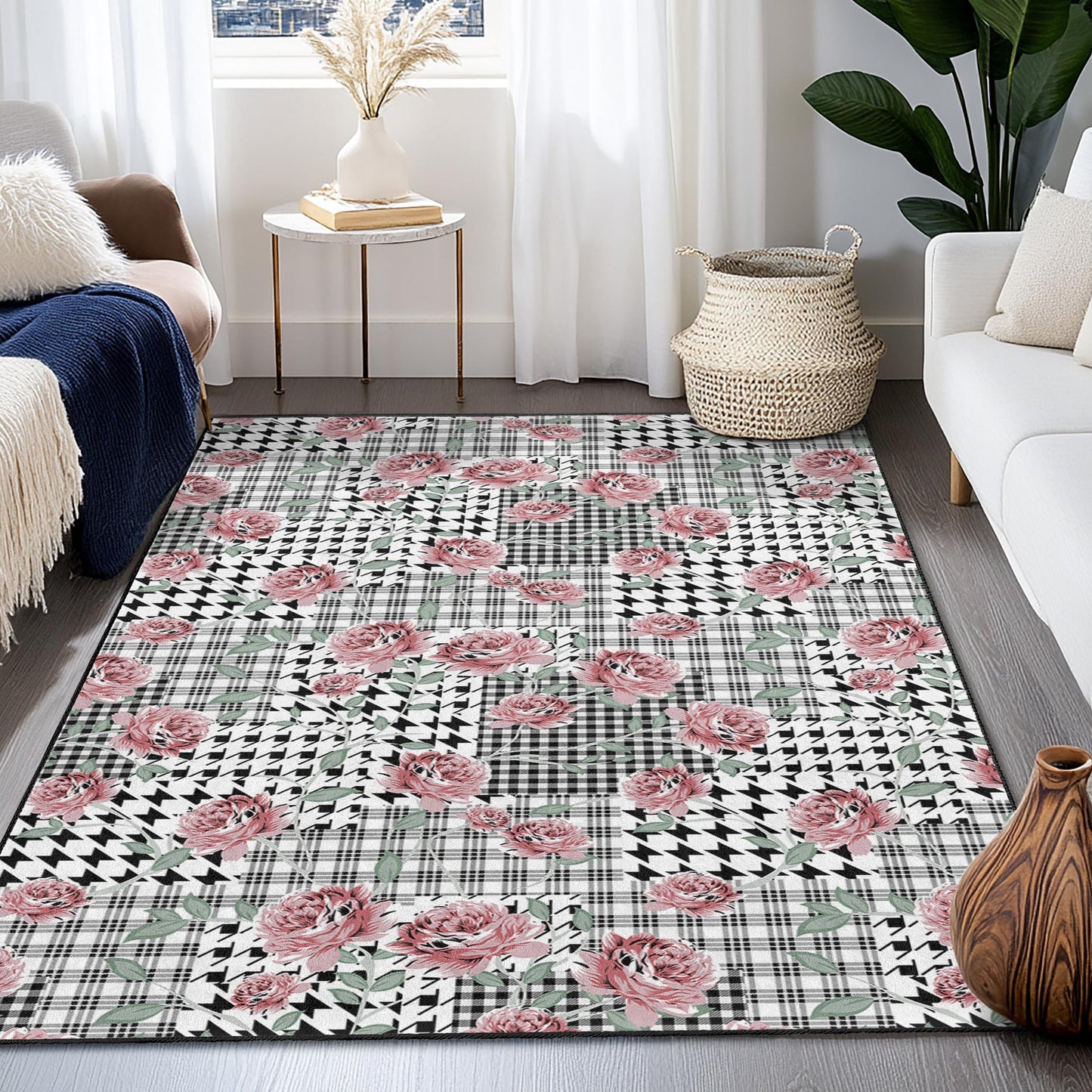 Chic Floral Patchwork Area Rug, Rectangle Living Room Carpet, Modern Home Decor, Soft Floral Design, Black and White Checkered Rug