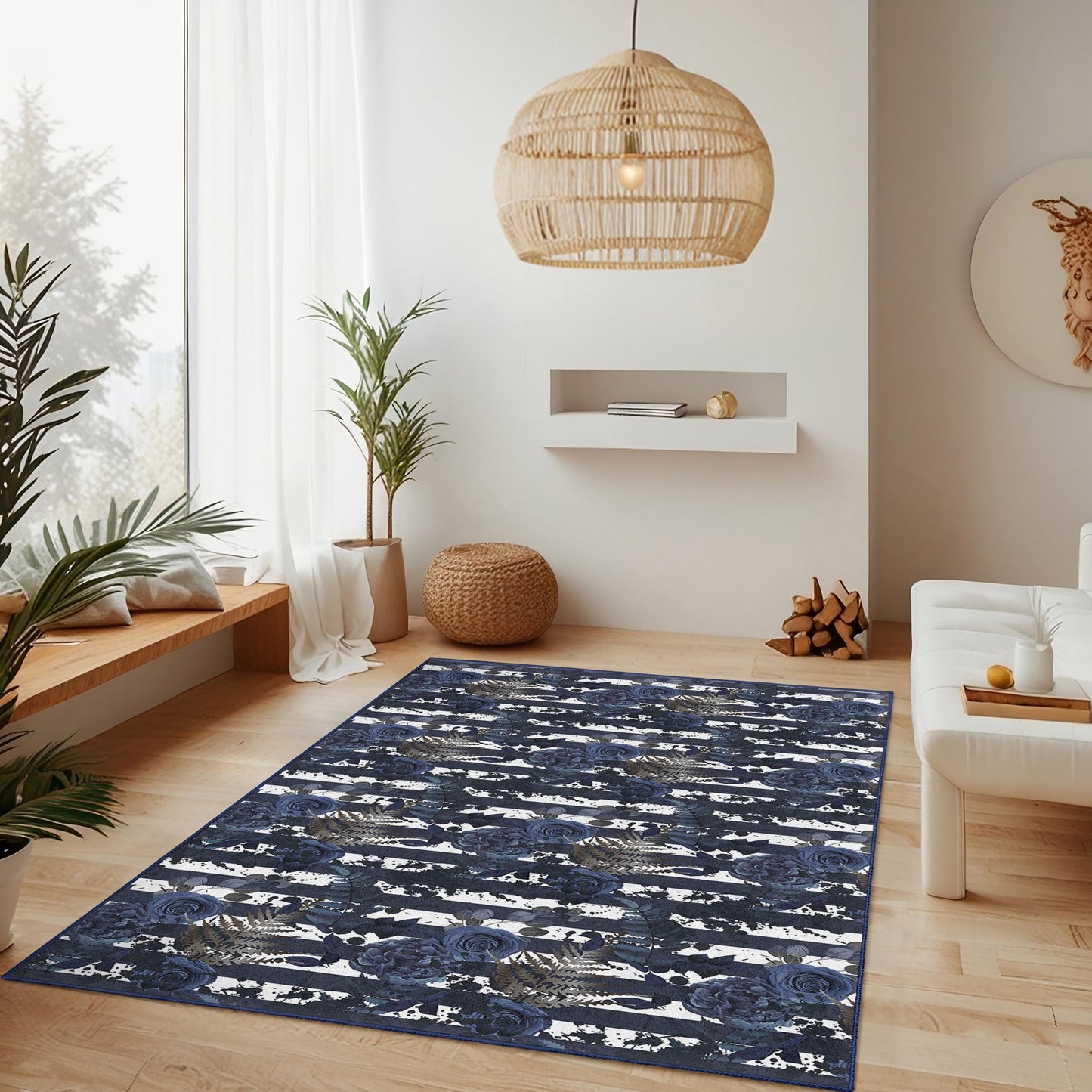 Navy Blue Floral Striped Area Rug, Rectangular Floral Carpet for Living Room, Modern Home Decor, Elegant Striped Floor Mat