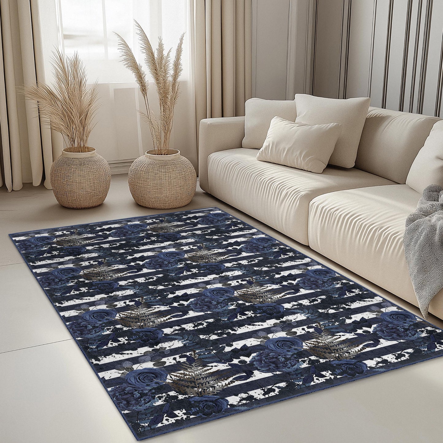 Navy Blue Floral Striped Area Rug, Rectangular Floral Carpet for Living Room, Modern Home Decor, Elegant Striped Floor Mat