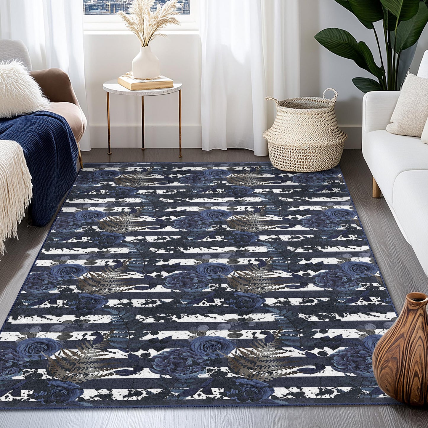 Navy Blue Floral Striped Area Rug, Rectangular Floral Carpet for Living Room, Modern Home Decor, Elegant Striped Floor Mat