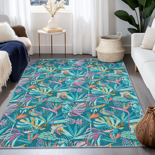 Vibrant Tropical Floral Rectangular Rug, Colorful Botanical Area Rug, Living Room Carpet, Bohemian Home Decor, Modern Floor Mat