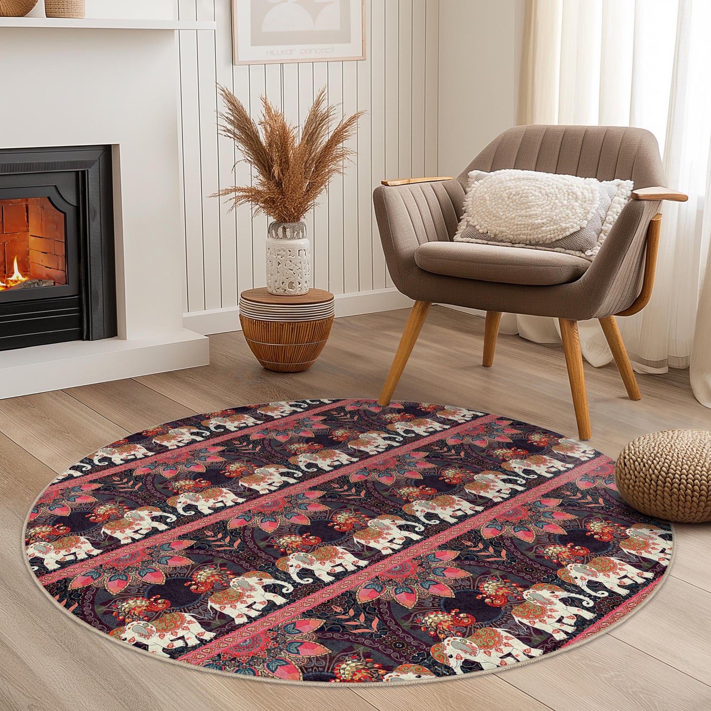 Elegant Round Elephant Pattern Area Rug, Bohemian Style Round Carpet, Living Room Decor, Soft Area Rug, Unique Home Accent