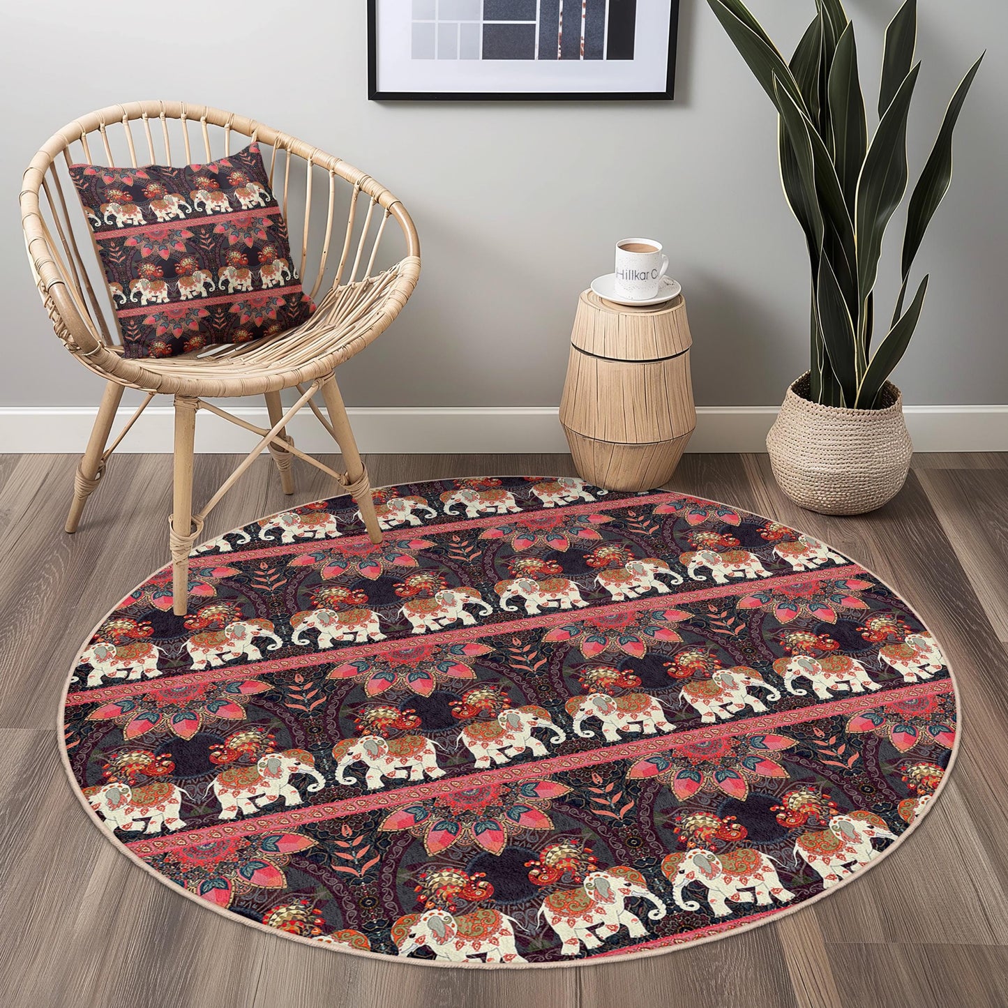 Elegant Round Elephant Pattern Area Rug, Bohemian Style Round Carpet, Living Room Decor, Soft Area Rug, Unique Home Accent