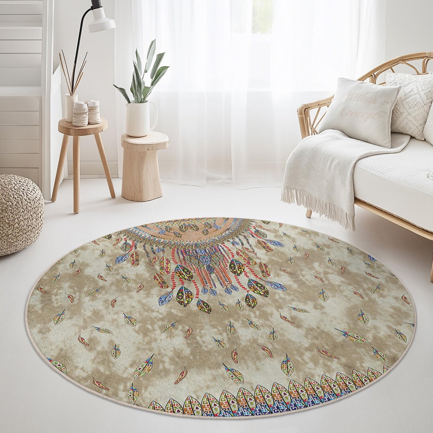 Bohemian Round Area Rug, Feather Design Round Carpet, Stylish Living Room Rug, Unique Boho Decor, Soft Round Mat for Home