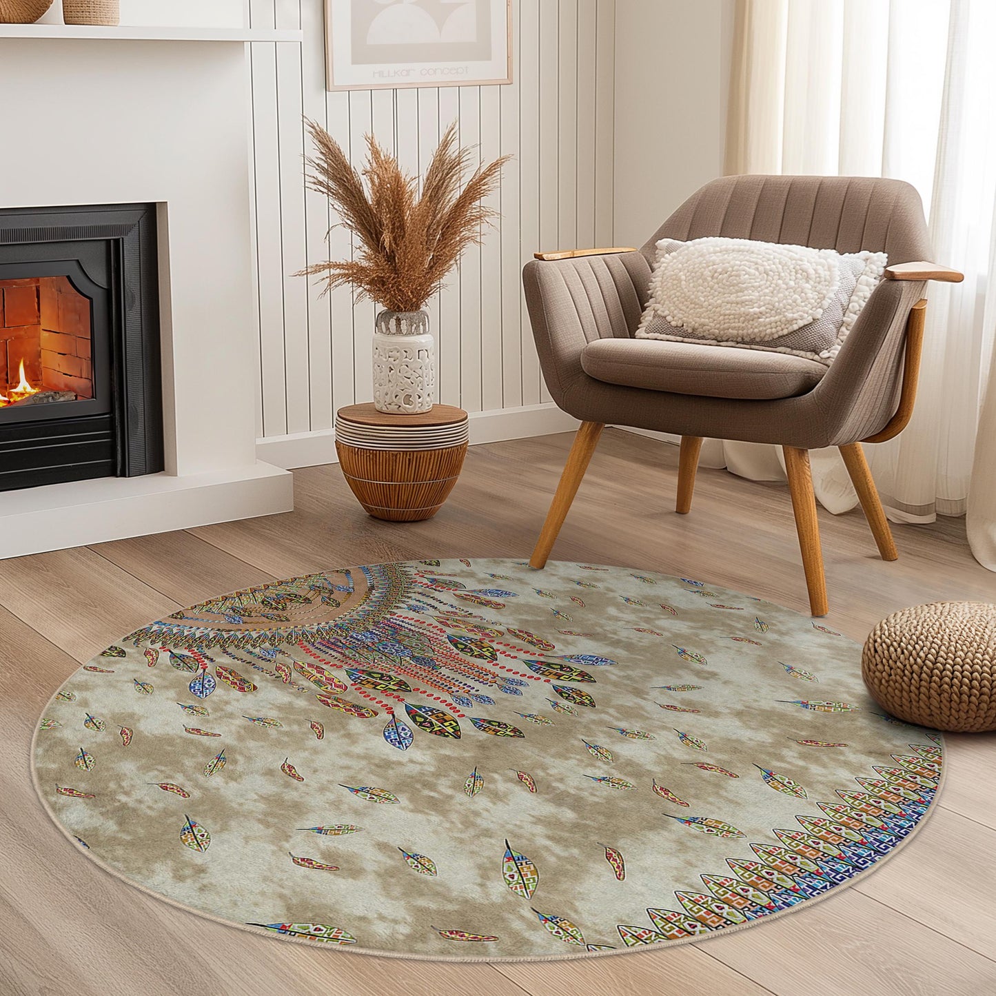 Bohemian Round Area Rug, Feather Design Round Carpet, Stylish Living Room Rug, Unique Boho Decor, Soft Round Mat for Home