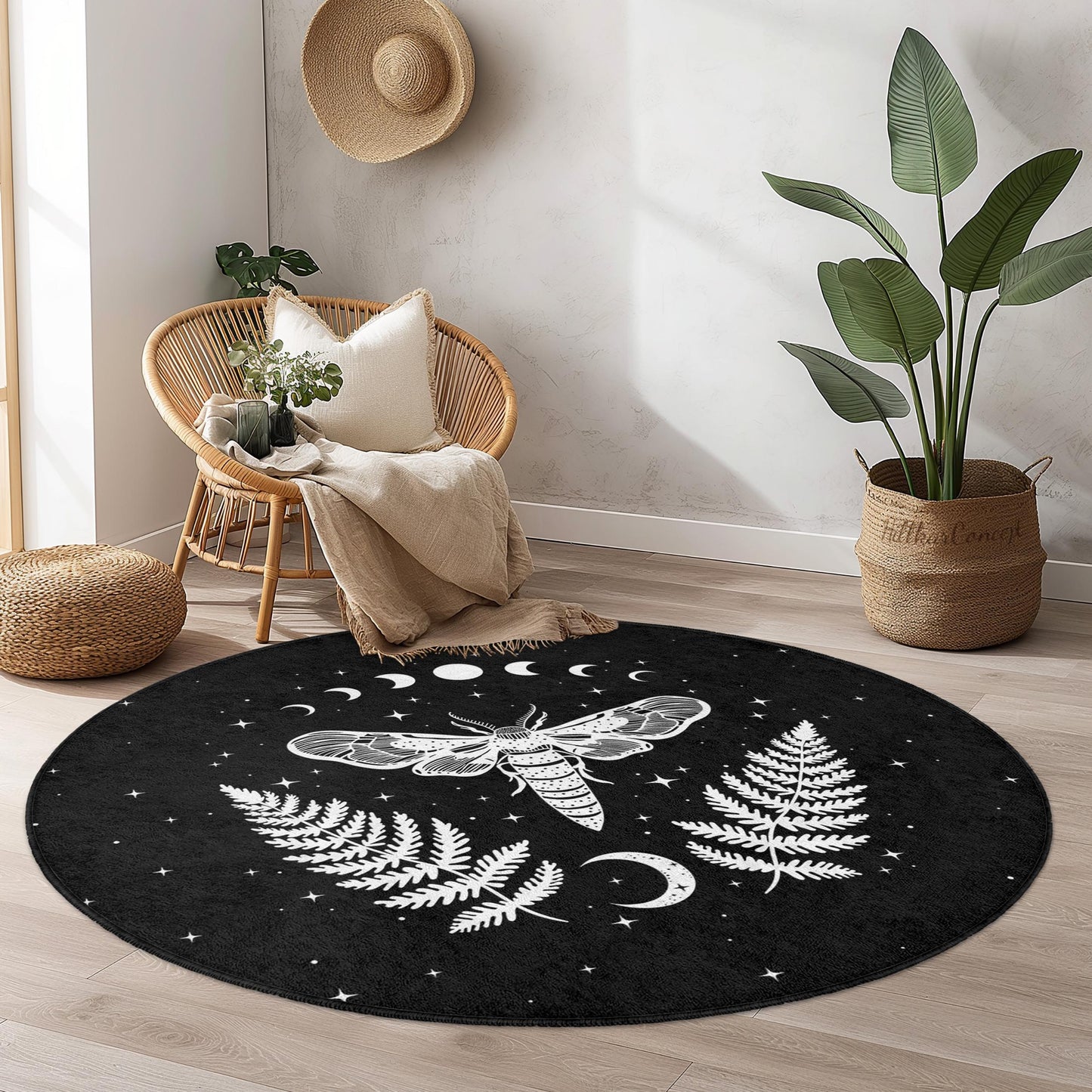 Mystical Moth Round Area Rug, Celestial Decor Rug, Black and White Moth Rug, Boho Home Decor, Unique Round Carpet