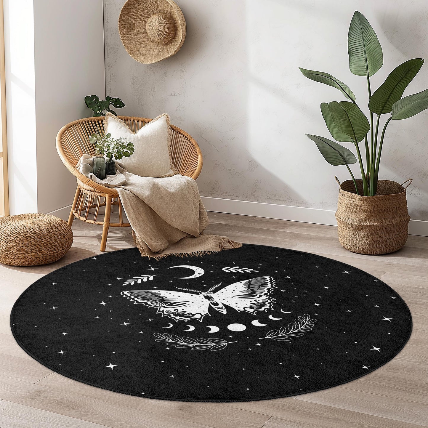 Mystical Butterfly Round Area Rug, Celestial Decor Rug, Bohemian Style Carpet, Living Room Rug, Butterfly Pattern Rug, Starry Night Rug