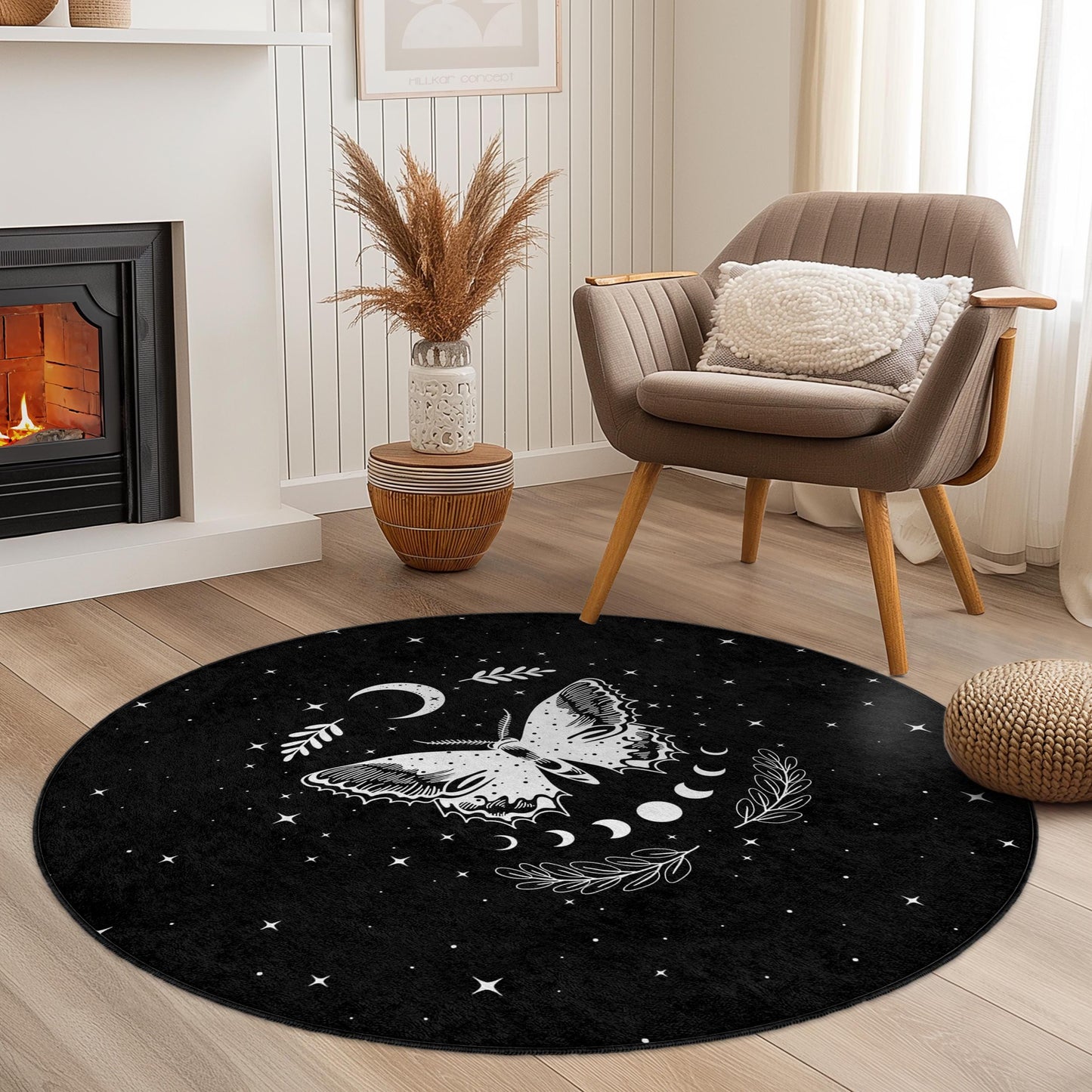 Mystical Butterfly Round Area Rug, Celestial Decor Rug, Bohemian Style Carpet, Living Room Rug, Butterfly Pattern Rug, Starry Night Rug