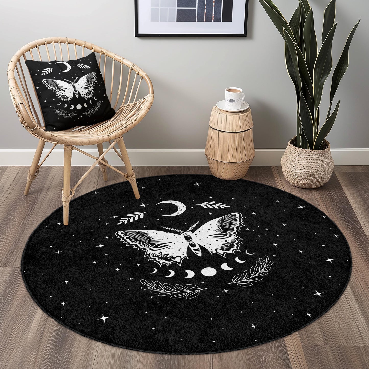 Mystical Butterfly Round Area Rug, Celestial Decor Rug, Bohemian Style Carpet, Living Room Rug, Butterfly Pattern Rug, Starry Night Rug