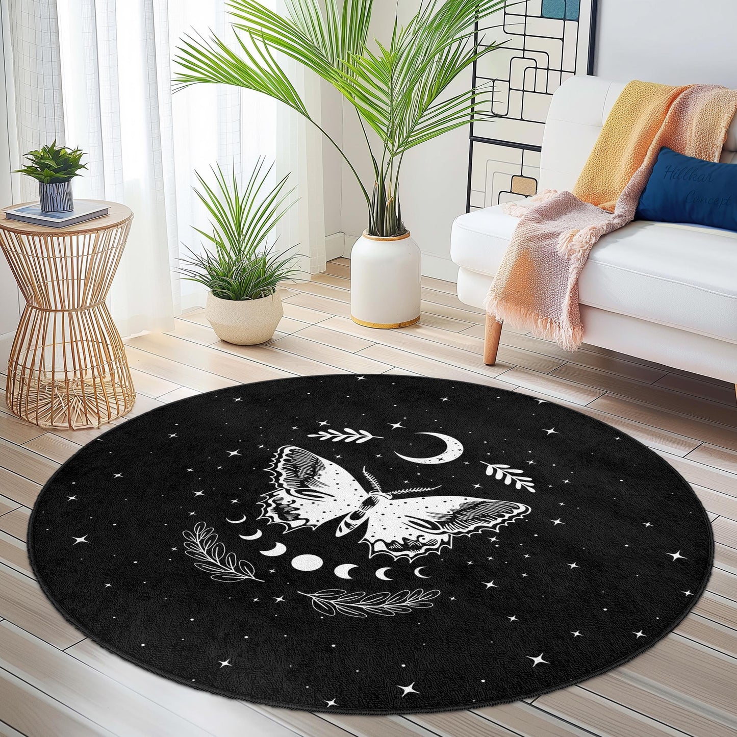 Mystical Butterfly Round Area Rug, Celestial Decor Rug, Bohemian Style Carpet, Living Room Rug, Butterfly Pattern Rug, Starry Night Rug