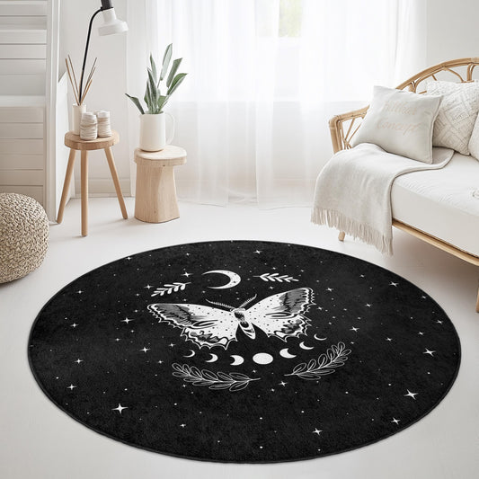 Mystical Butterfly Round Area Rug, Celestial Decor Rug, Bohemian Style Carpet, Living Room Rug, Butterfly Pattern Rug, Starry Night Rug