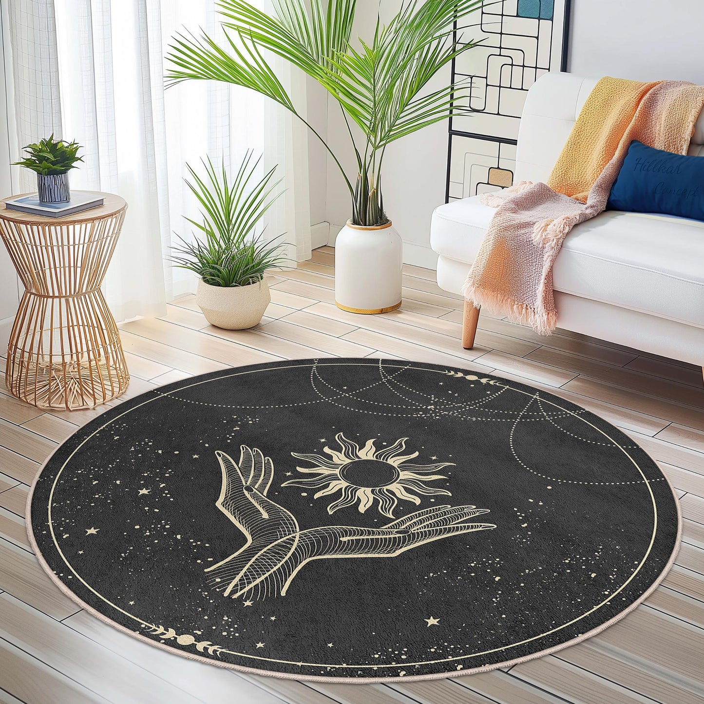 Mystical Sun and Hands Round Area Rug, Boho Chic Round Carpet, Elegant Living Room Rug, Unique Round Home Decor