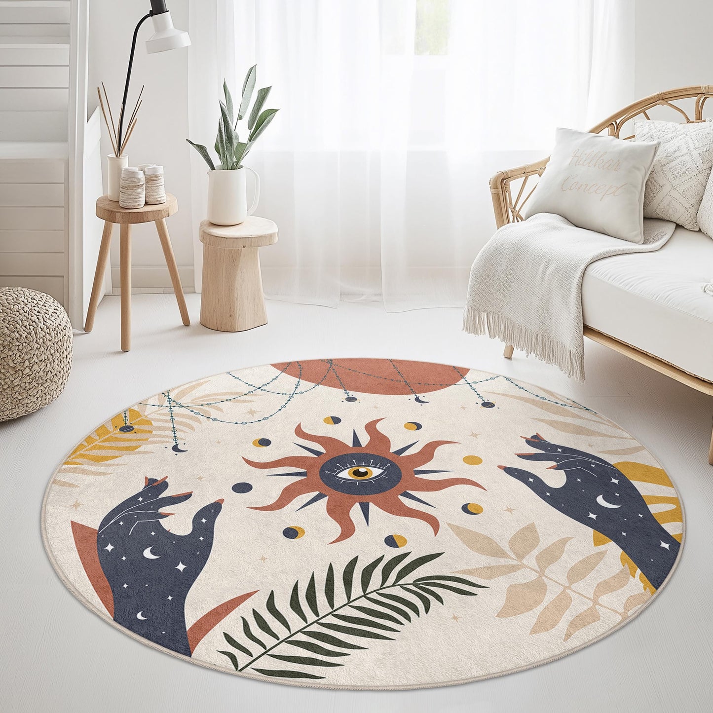 Mystical Sun and Moon Round Area Rug, Bohemian Decor Rug, Celestial Pattern Round Rug, Living Room Carpet, Unique Floor Mat