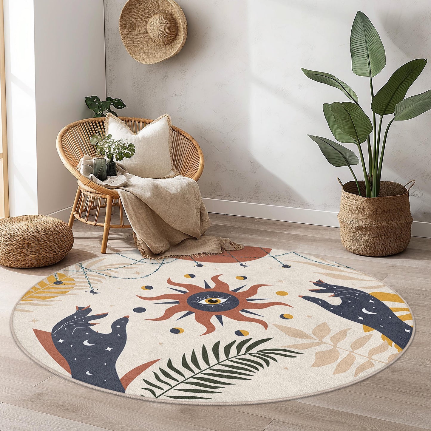 Mystical Sun and Moon Round Area Rug, Bohemian Decor Rug, Celestial Pattern Round Rug, Living Room Carpet, Unique Floor Mat