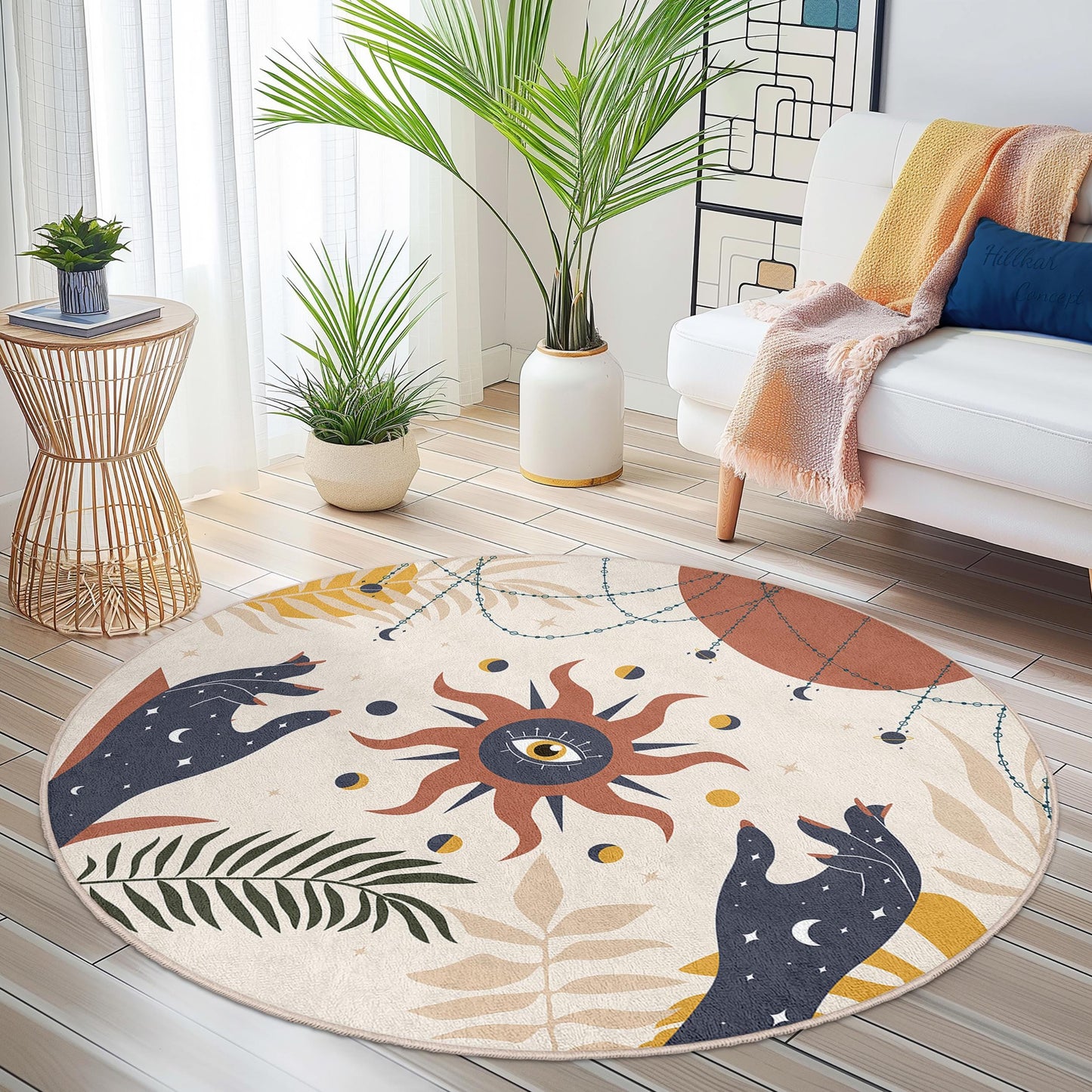 Mystical Sun and Moon Round Area Rug, Bohemian Decor Rug, Celestial Pattern Round Rug, Living Room Carpet, Unique Floor Mat