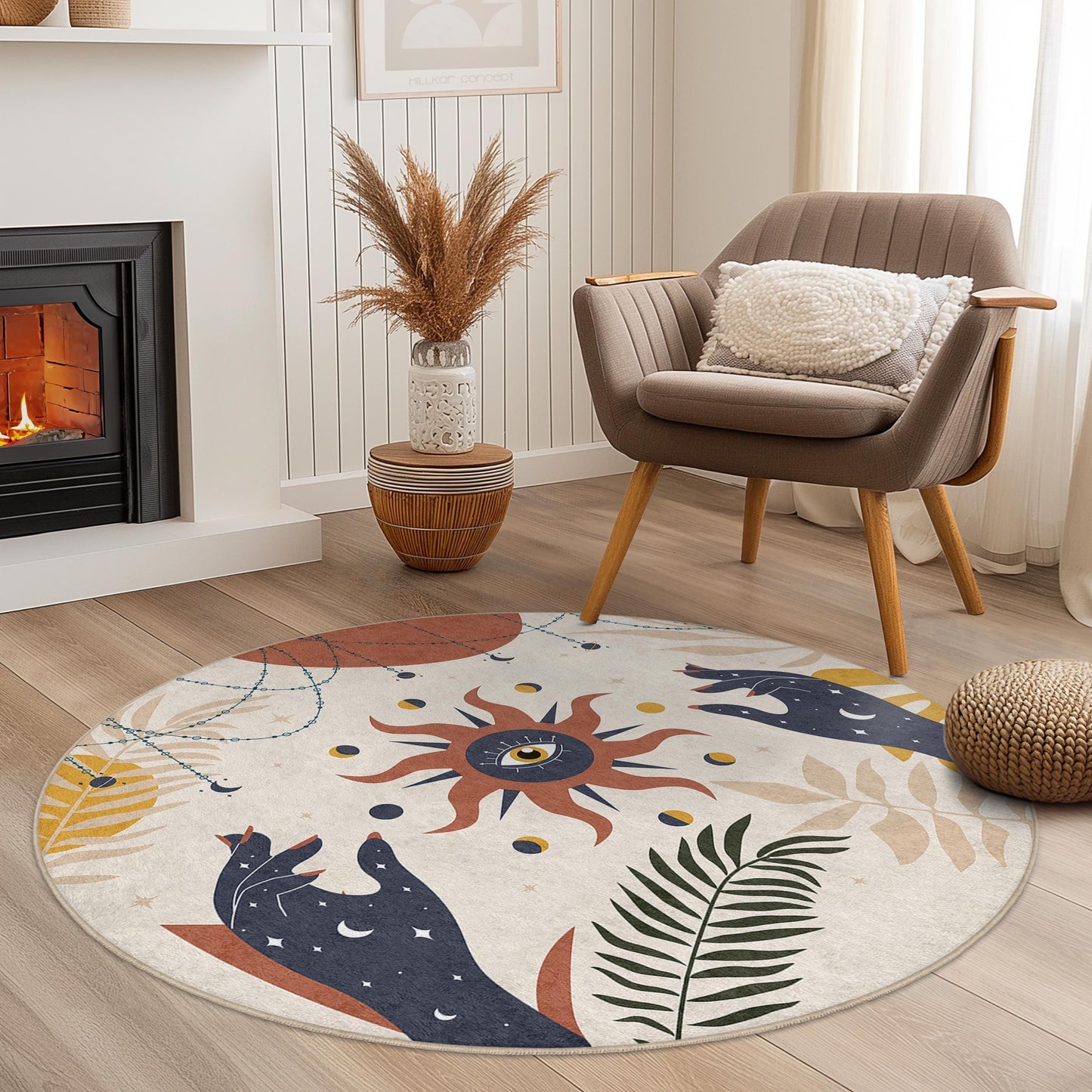 Mystical Sun and Moon Round Area Rug, Bohemian Decor Rug, Celestial Pattern Round Rug, Living Room Carpet, Unique Floor Mat