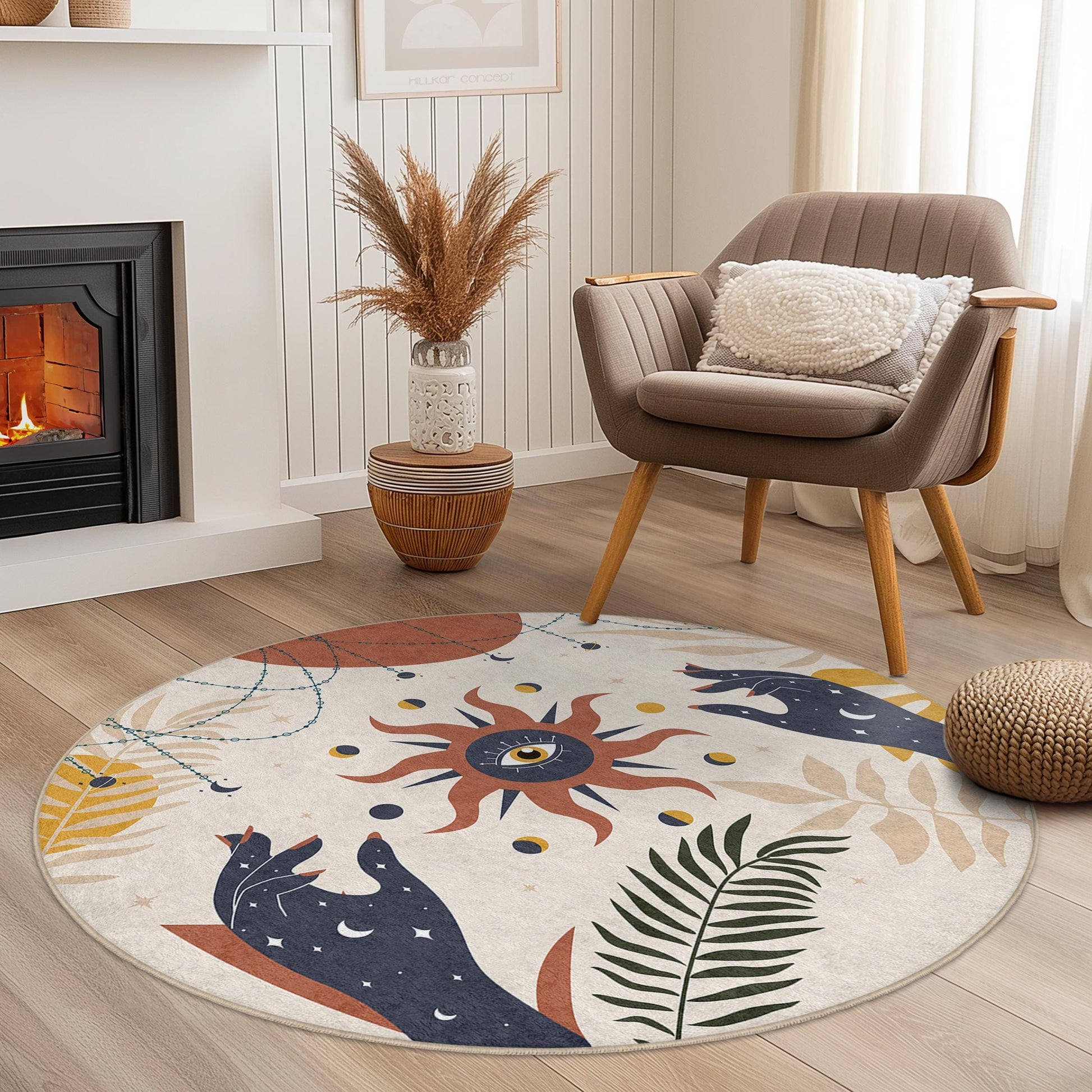 Mystical Sun and Moon Round Area Rug, Bohemian Decor Rug, Celestial Pattern Round Rug, Living Room Carpet, Unique Floor Mat
