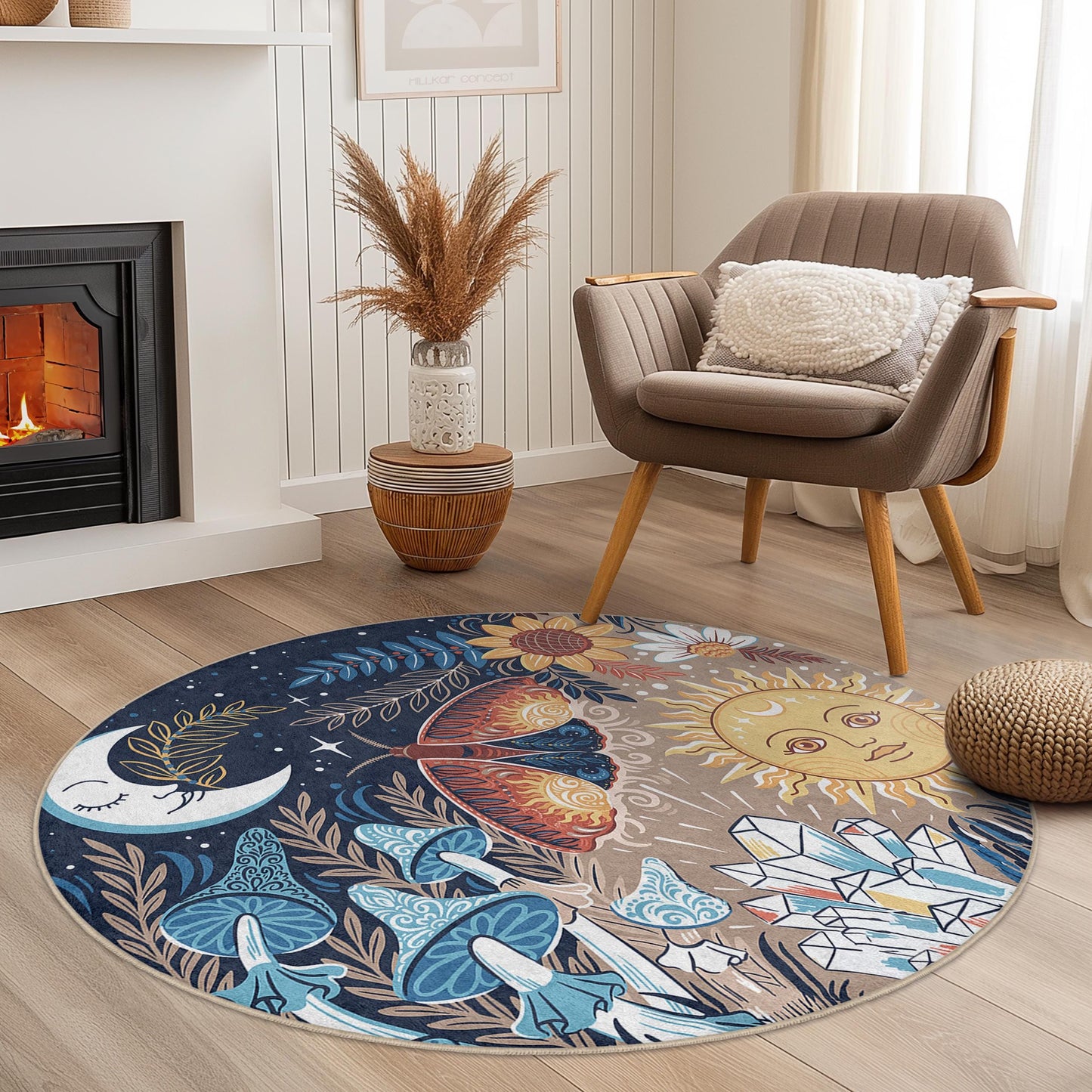 Dreamy Floral Moon and Sun Round Area Rug, Bohemian Style Rug, Nature Inspired Round Carpet, Art Decor for Living Room