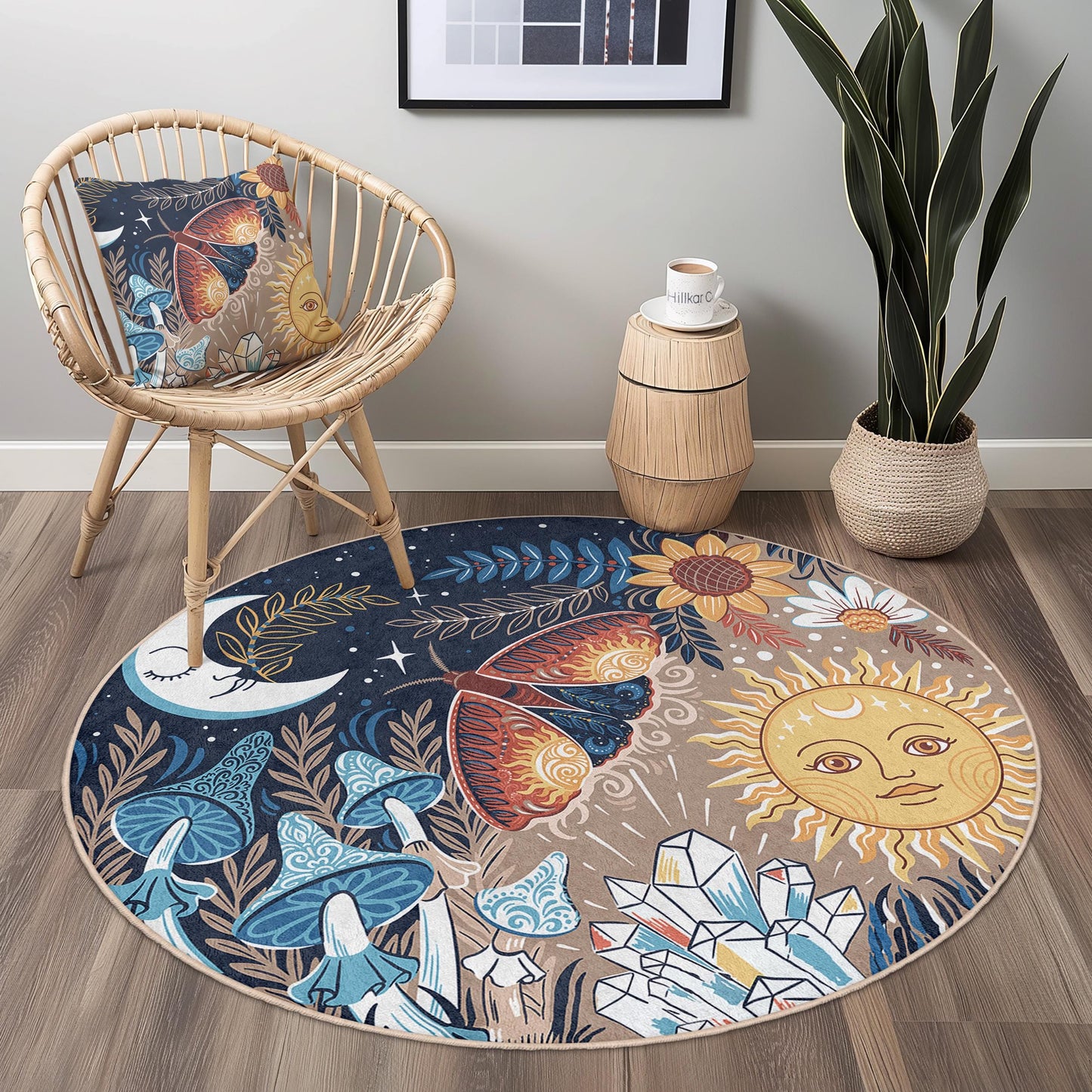 Dreamy Floral Moon and Sun Round Area Rug, Bohemian Style Rug, Nature Inspired Round Carpet, Art Decor for Living Room