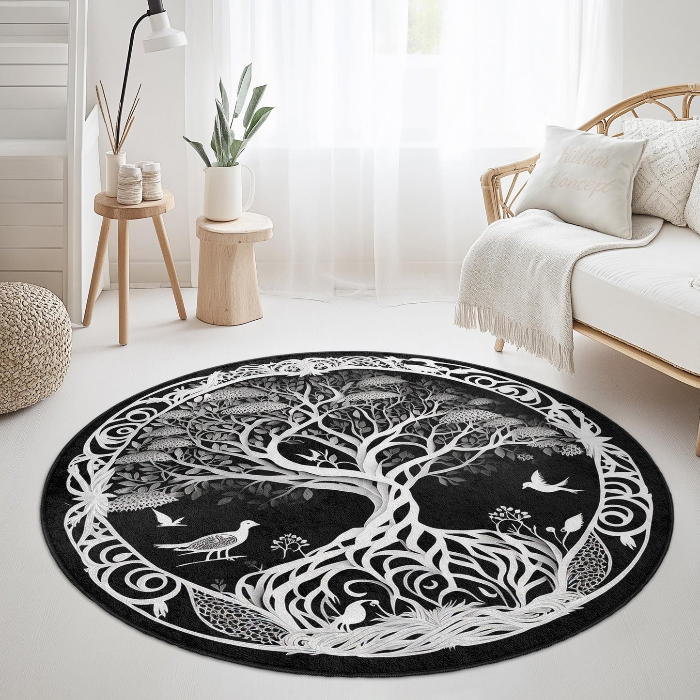 Tree of Life Round Area Rug: Black and White Polyester Decor