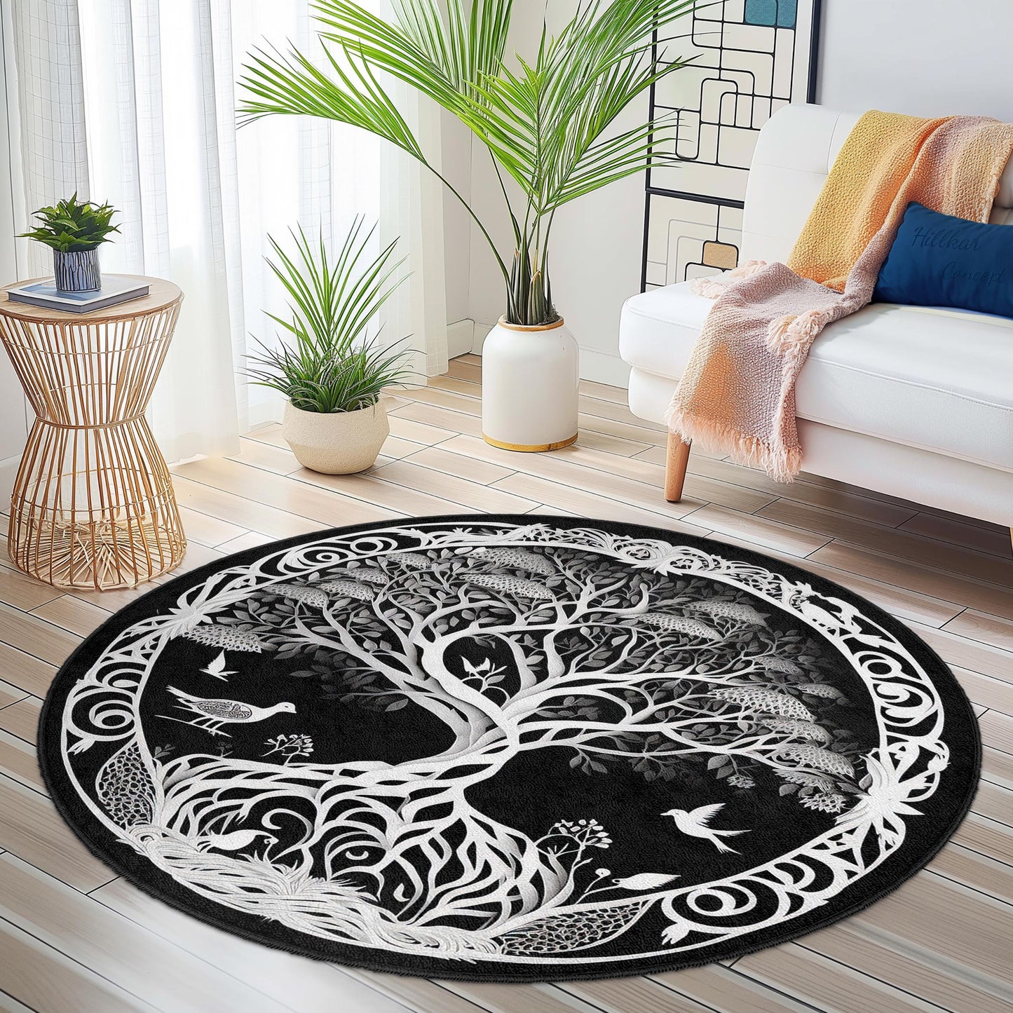 Tree of Life Round Area Rug: Black and White Polyester Decor