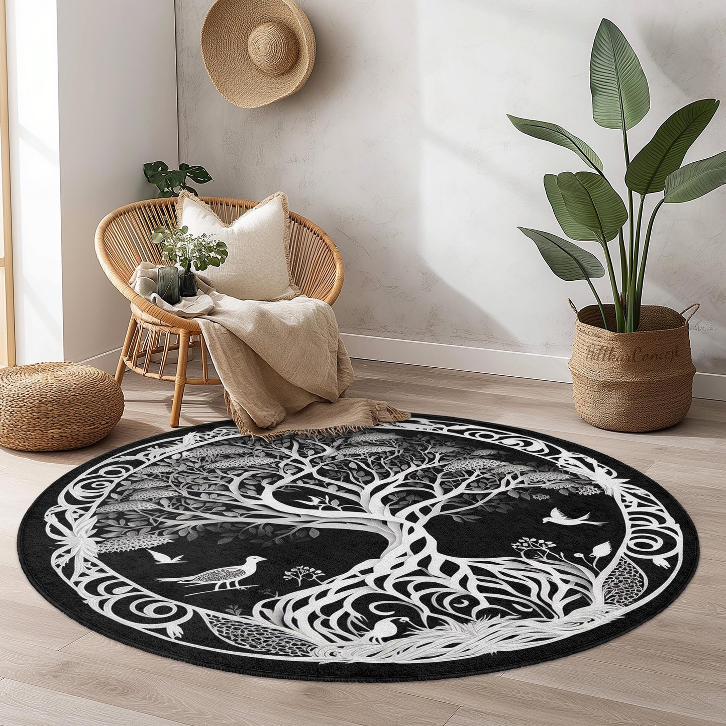 Tree of Life Round Area Rug: Black and White Polyester Decor
