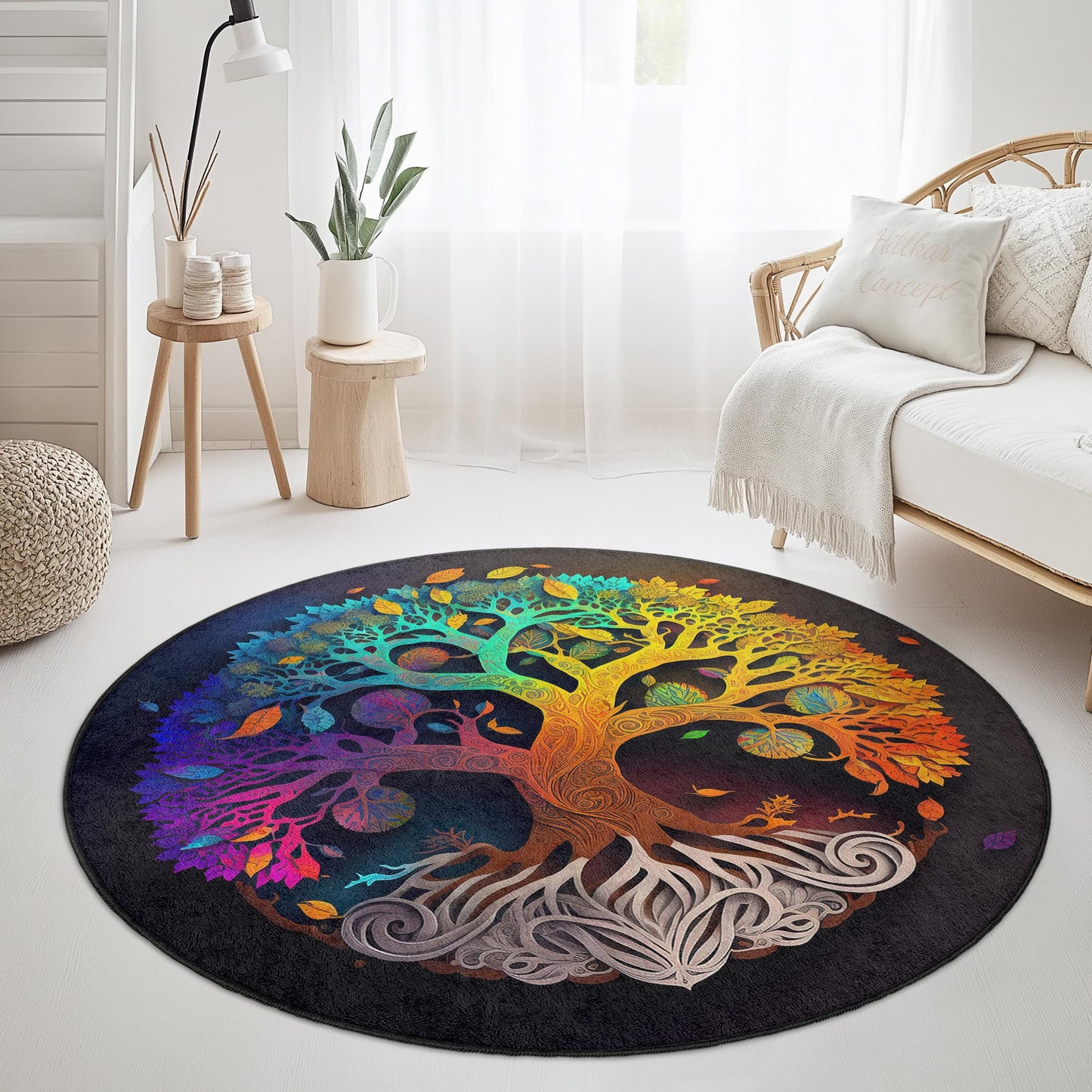 Colorful Tree of Life Round Rug, Bohemian Tree Design, Circular Area Rug, Artistic Home Decor, Unique Living Room Rug