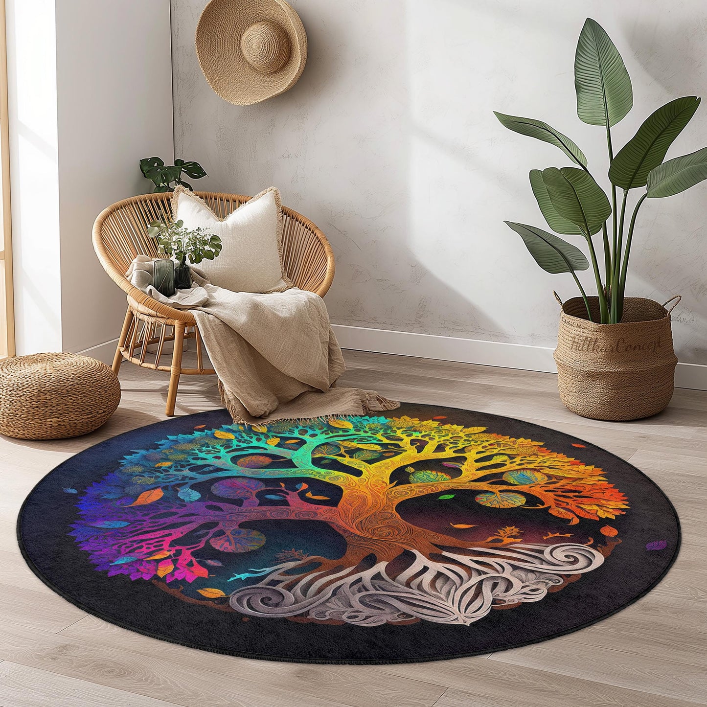 Colorful Tree of Life Round Rug, Bohemian Tree Design, Circular Area Rug, Artistic Home Decor, Unique Living Room Rug