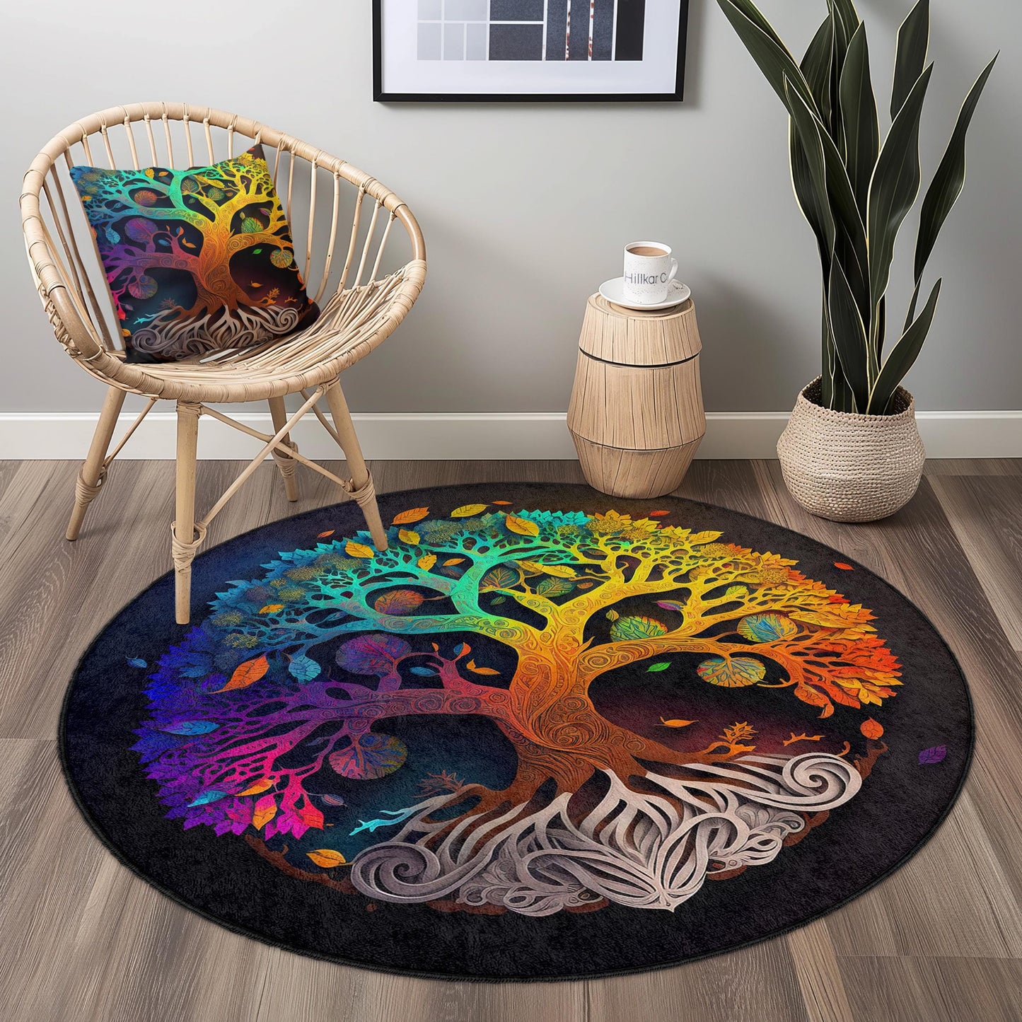 Colorful Tree of Life Round Rug, Bohemian Tree Design, Circular Area Rug, Artistic Home Decor, Unique Living Room Rug