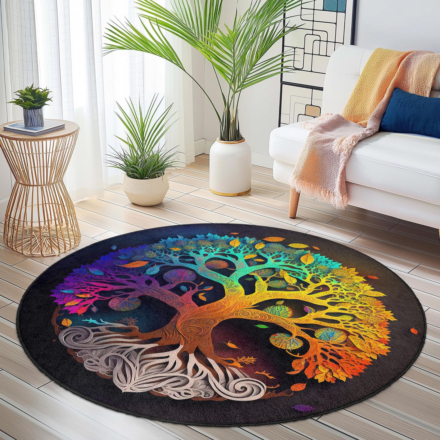 Colorful Tree of Life Round Rug, Bohemian Tree Design, Circular Area Rug, Artistic Home Decor, Unique Living Room Rug