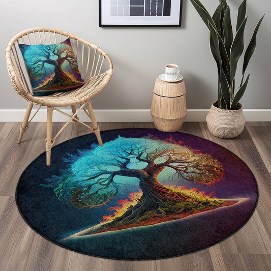 Vibrant Tree of Life Round Rug, Colorful Nature Area Rug, Bohemian Round Carpet, Unique Living Room Decor, Artistic Round Floor Mat