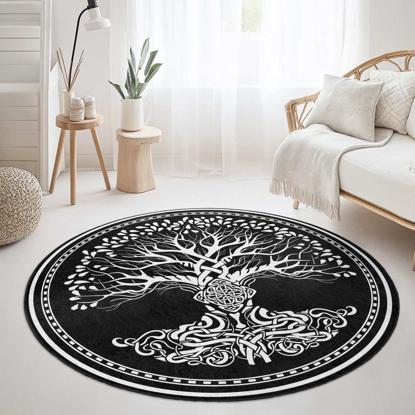 Celtic Tree of Life Round Area Rug, Bohemian Style Rug, Black and White Home Decor, Living Room Accent Rug, Unique Round Carpet
