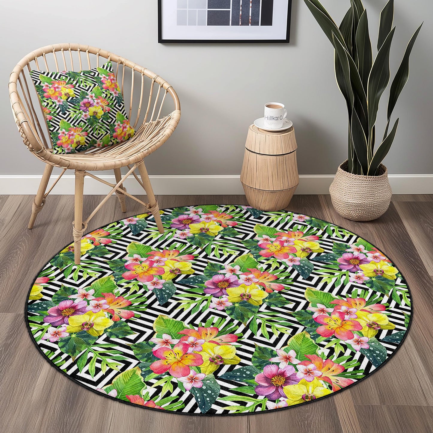 Floral Tropical Round Area Rug, Bohemian Flower Carpet, Geometric Pattern Rug, Modern Round Rug for Living Room, Chic Home Decor