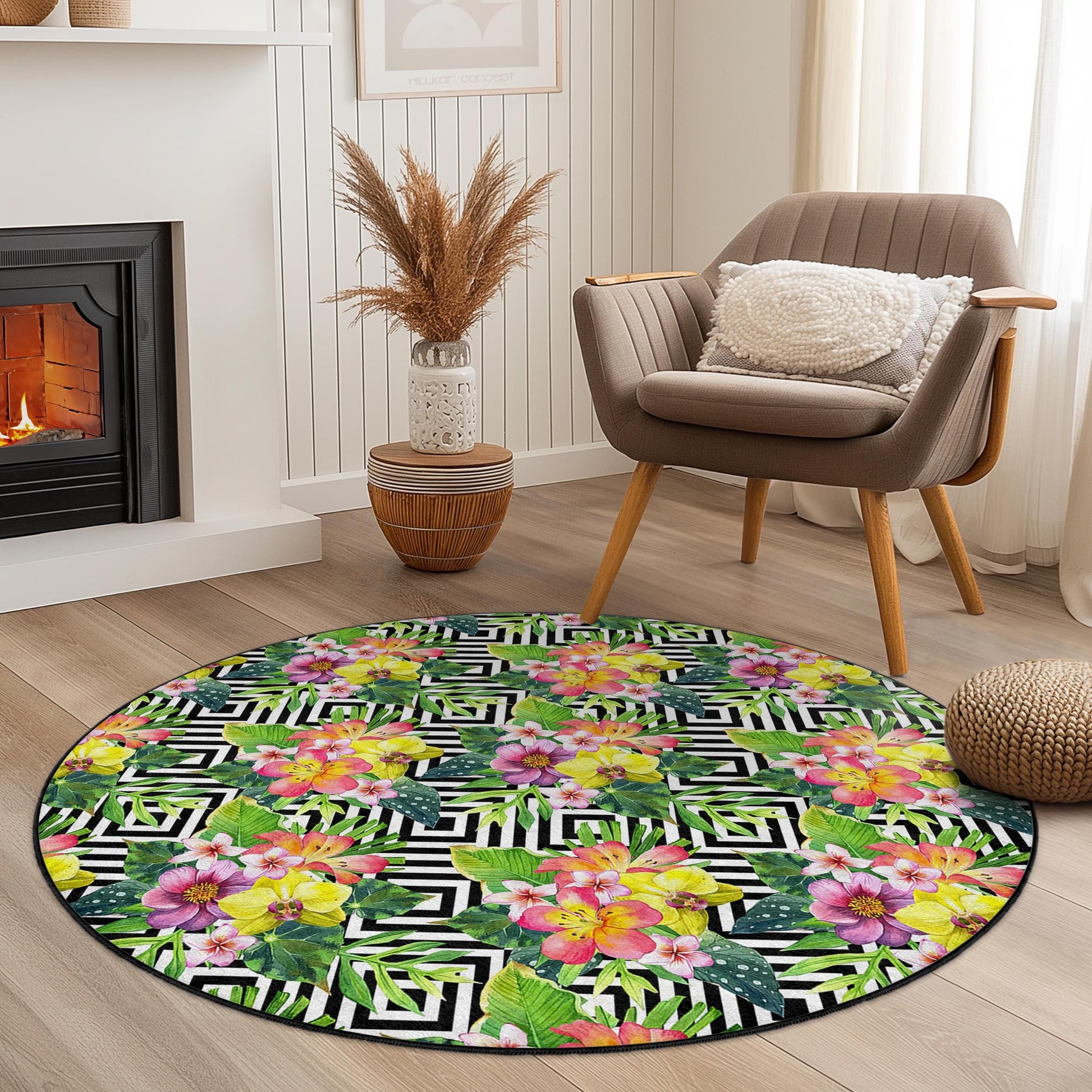 Floral Tropical Round Area Rug, Bohemian Flower Carpet, Geometric Pattern Rug, Modern Round Rug for Living Room, Chic Home Decor