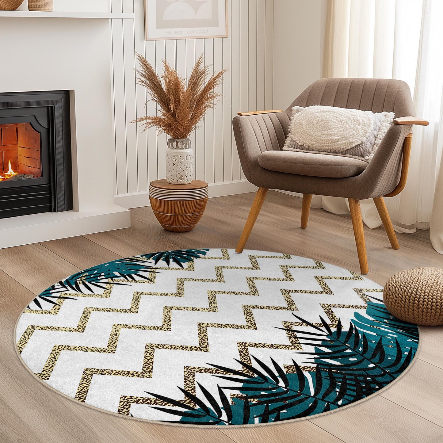 Gold Chevron and Tropical Leaves Round Area Rug, Stylish Round Living Room Carpet, Modern Home Decor, Bohemian Chic Rug