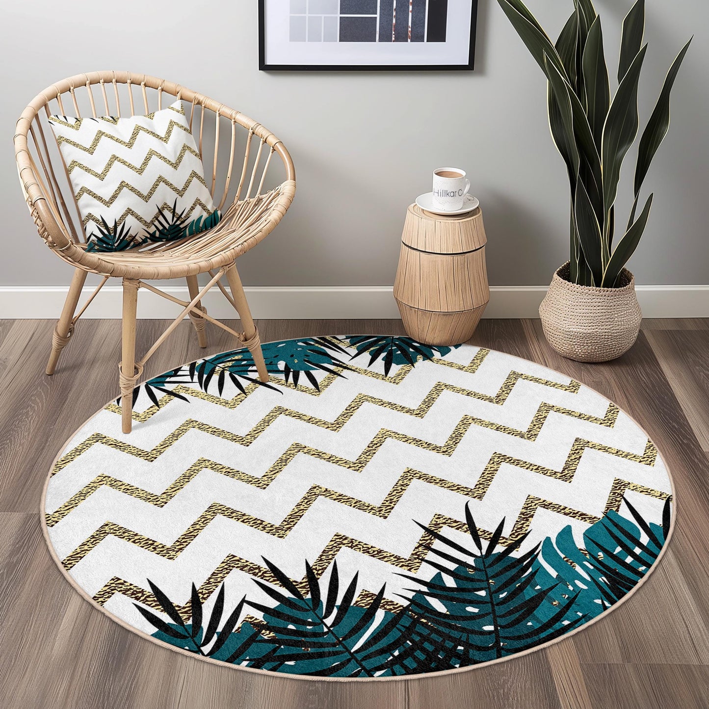 Gold Chevron and Tropical Leaves Round Area Rug, Stylish Round Living Room Carpet, Modern Home Decor, Bohemian Chic Rug