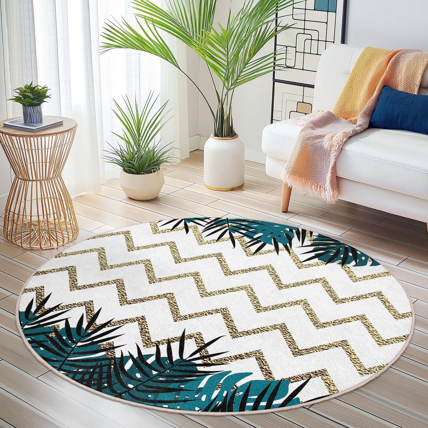 Gold Chevron and Tropical Leaves Round Area Rug, Stylish Round Living Room Carpet, Modern Home Decor, Bohemian Chic Rug