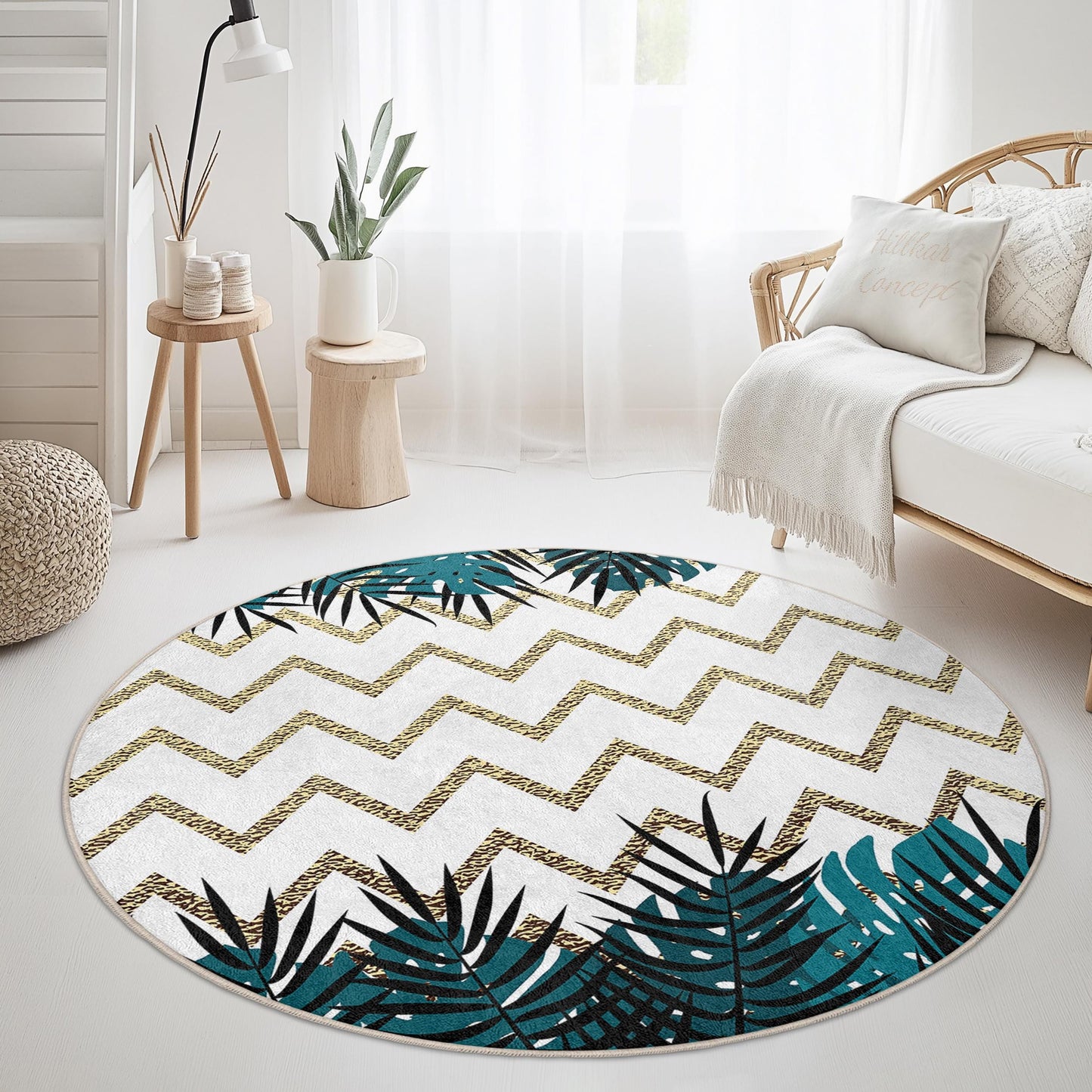 Gold Chevron and Tropical Leaves Round Area Rug, Stylish Round Living Room Carpet, Modern Home Decor, Bohemian Chic Rug