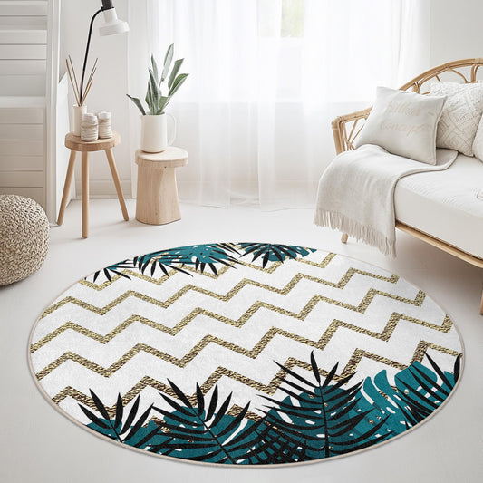 Gold Chevron and Tropical Leaves Round Area Rug, Stylish Round Living Room Carpet, Modern Home Decor, Bohemian Chic Rug