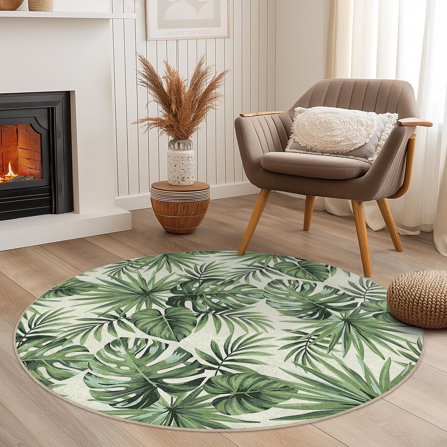 Tropical Leaves Round Area Rug, Green Botanical Design, Modern Round Rug for Living Room, Boho Decor, Indoor Round Carpet