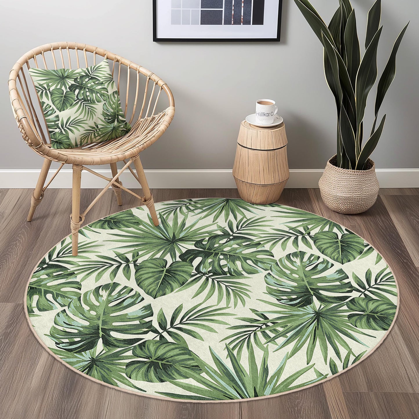 Tropical Leaves Round Area Rug, Green Botanical Design, Modern Round Rug for Living Room, Boho Decor, Indoor Round Carpet