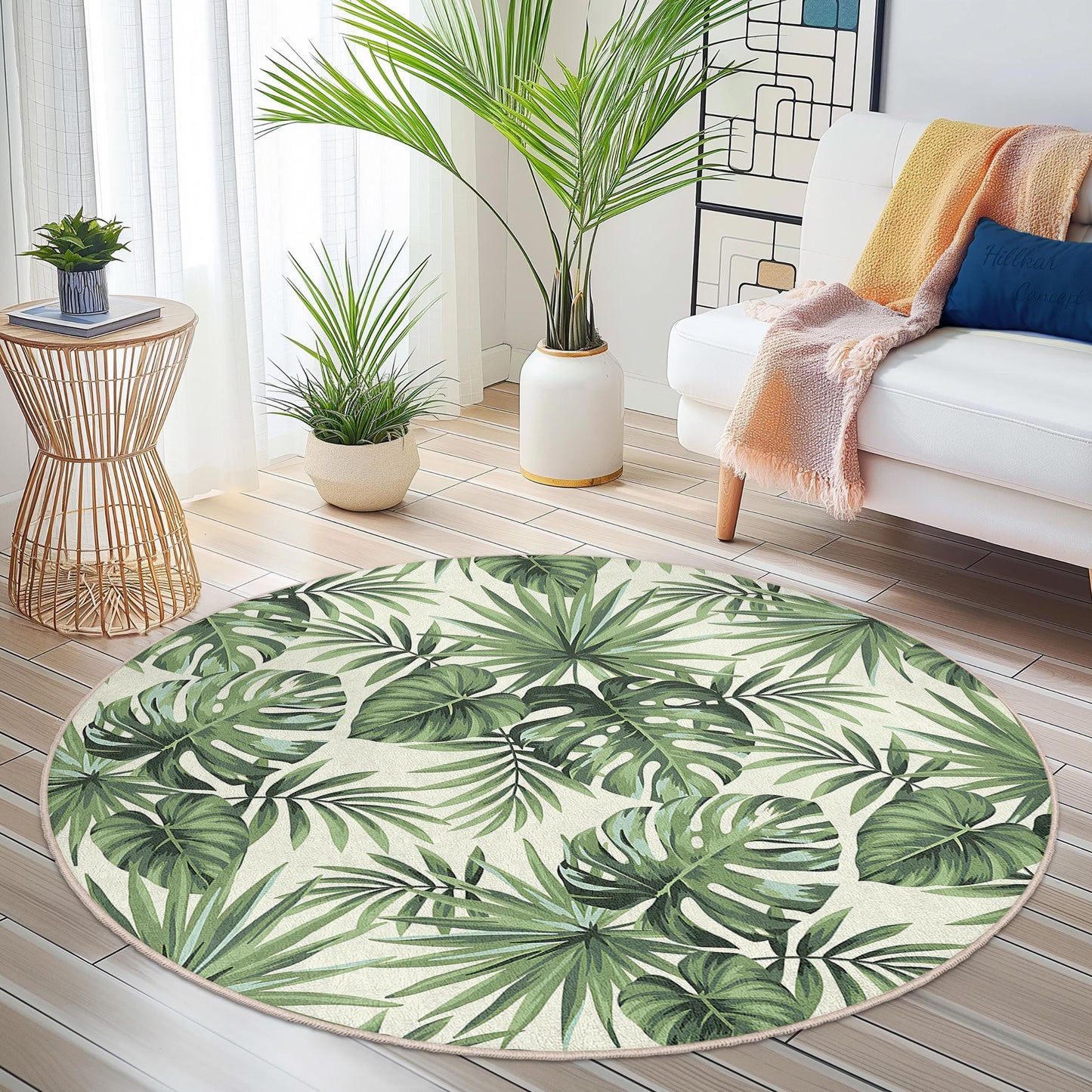 Tropical Leaves Round Area Rug, Green Botanical Design, Modern Round Rug for Living Room, Boho Decor, Indoor Round Carpet