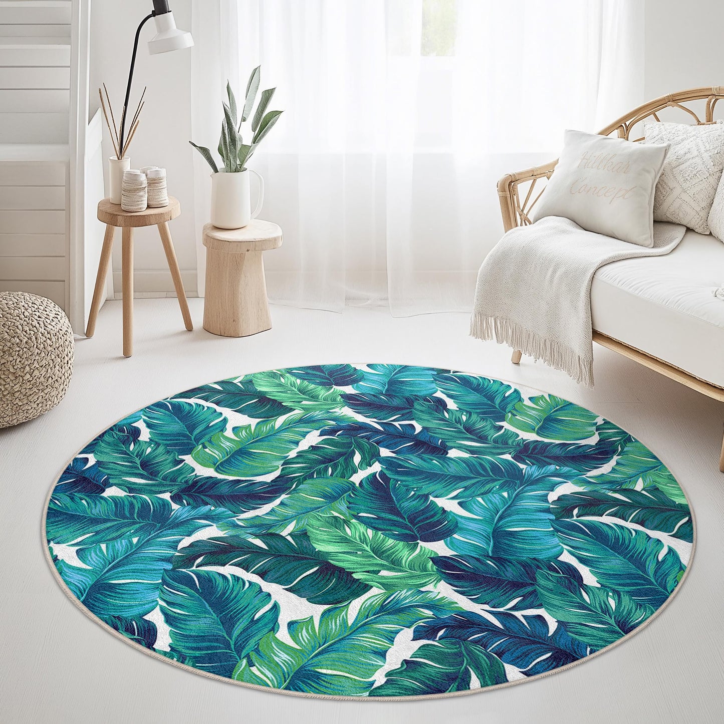 Tropical Leaf Round Area Rug, Modern Green Leaf Pattern Carpet, Living Room Decor, Round Rug for Home, Bohemian Style Rug