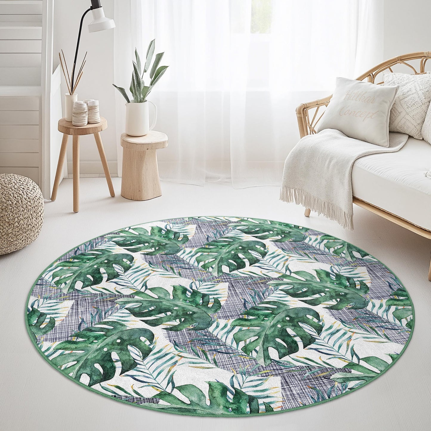 Tropical Monstera Leaves Round Area Rug, Bohemian Style Round Rug, Indoor Decor, Living Room Rug, Plant Lover Gift