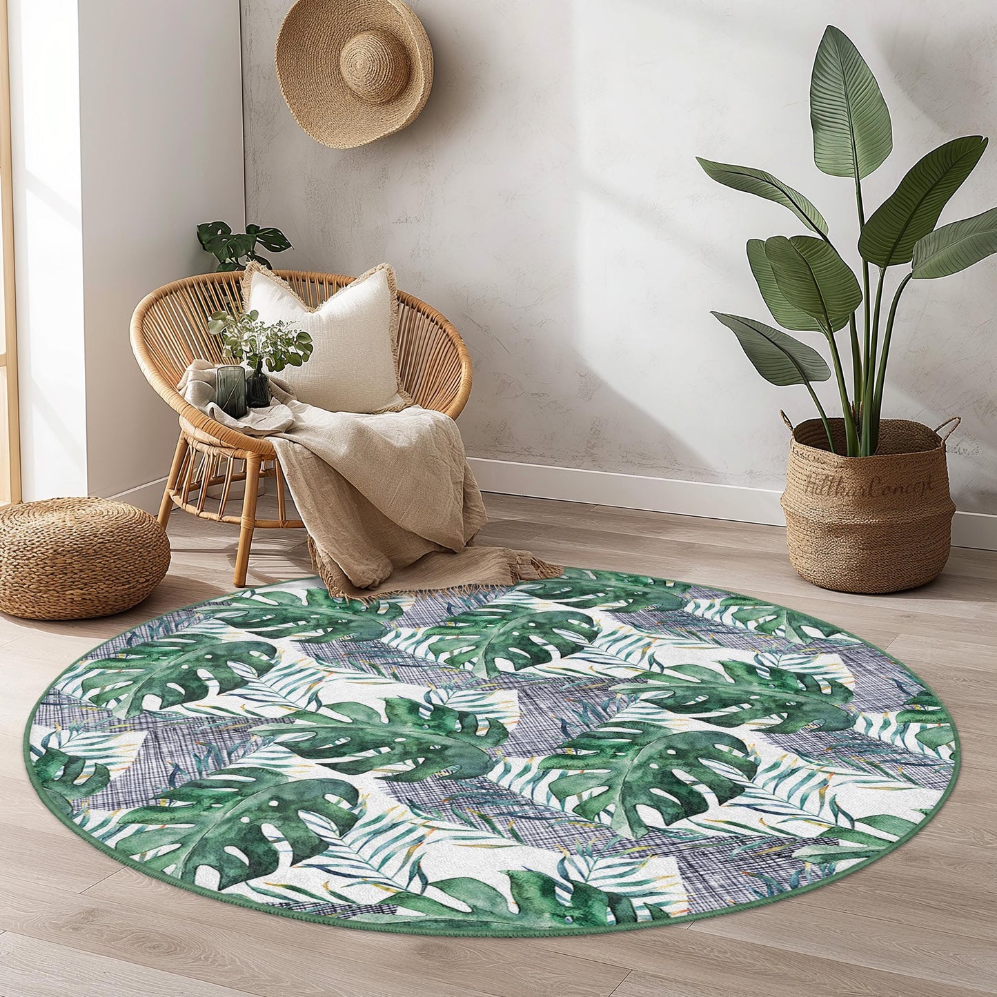 Tropical Monstera Leaves Round Area Rug, Bohemian Style Round Rug, Indoor Decor, Living Room Rug, Plant Lover Gift