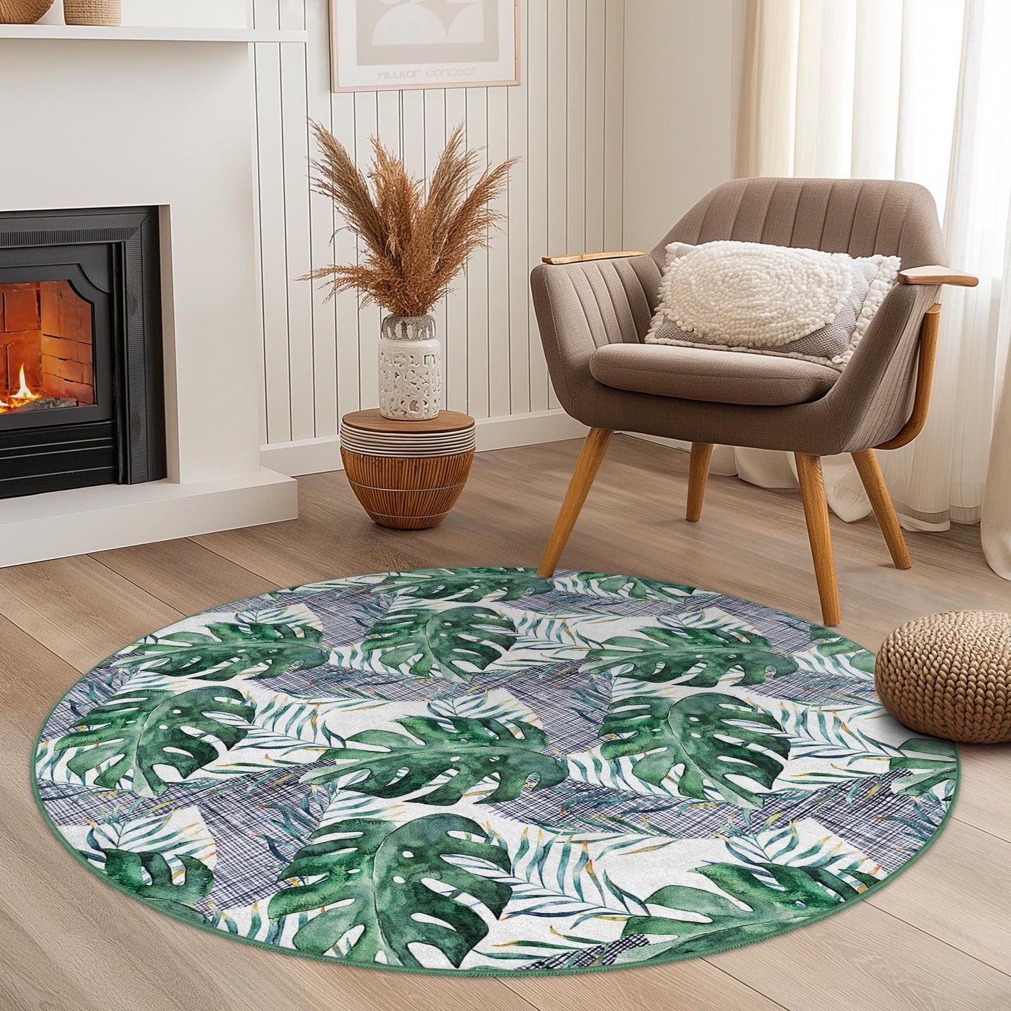 Tropical Monstera Leaves Round Area Rug, Bohemian Style Round Rug, Indoor Decor, Living Room Rug, Plant Lover Gift